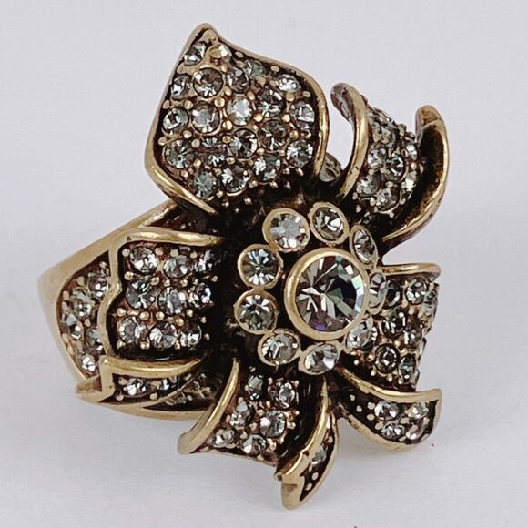 Signed Heidi Daus Gold Tone Floral Flower Rhinestone Cocktail Ring 6.75 Vintage - Picture 15 of 16